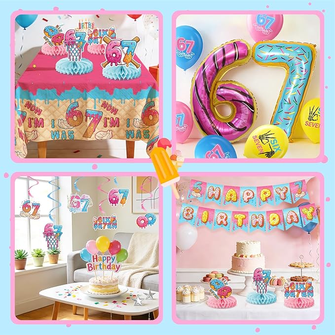6 7 Themed Birthday Party Decorations, 6 7 Meme Decorations, Includes Foil Balloon, Banner, Hanging Swirls, Latex Balloons, Tables Centerpieces, Tablecloth for Six Seven Kids Boy Girl