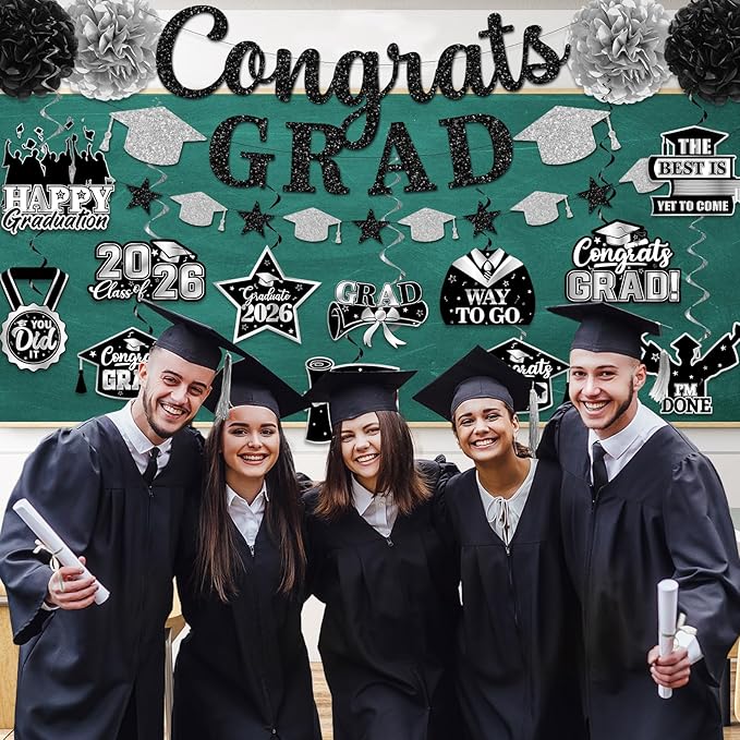 Graduation Decorations 2026, Glitter Congrats Grad Banner Hanging Swirls and Tissue Pom Poms, Black and Silver Graduation Decorations for Class of 2026 College Graduations Party Decorations