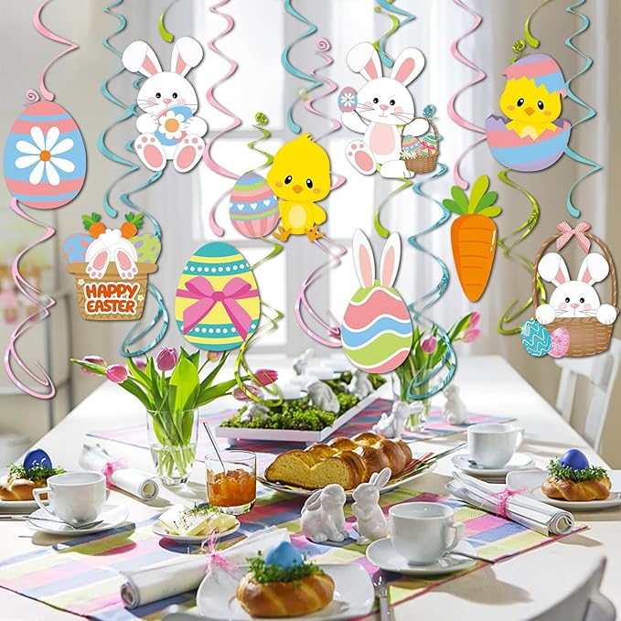 Easter Party Decorations Egg-Bunny Streamers - 16Pcs Cute Hanging Swirl Ceiling,Easter Birthday Kids Favors Gifts Supplies Spring Carrot Chicks Decor Hugtmr