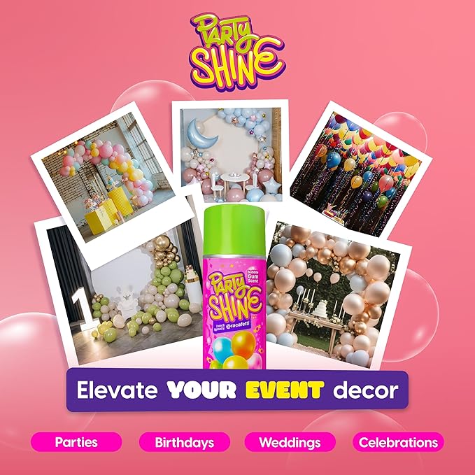 Party Shine Bubble Gum Balloon Shine Spray, Silicone Spray for Latex Balloons, Sweet Bubble Gum Scent, Waterproof, Non-Slip Formula, Balloon Spray Shine Perfect for Party Decorations, 13oz (1 Pack)