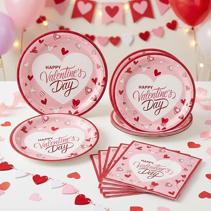 Pink Valentines Day Plates and Napkins Set for 20 Guests - Disposable Heart Paper Plates 9 inch 20 pcs & Floral Napkins 20 pcs, Perfect for Galentines Party Decorations, Romantic Dinner Party Supplies