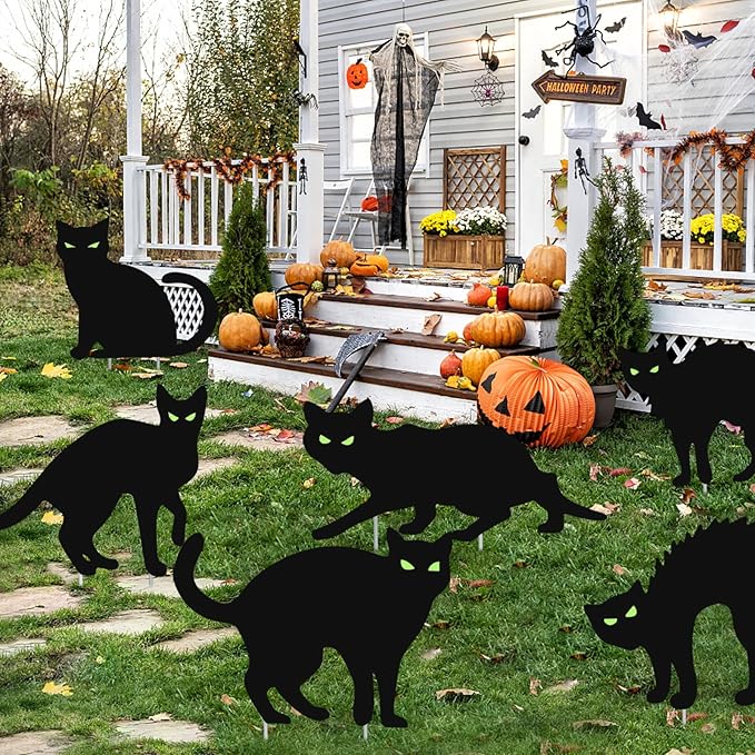 Halloween Decorations Outdoor,6Pcs Flordeluna Black Cat Yard Signs with Stakes, Glow in the Dark Eyes and 28pcs 3D Bats Wall Decor for Outdoor Yard Lawn Patio Garden Halloween Decor