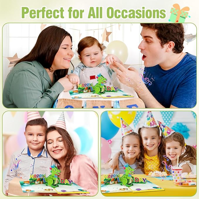 FaCraft Dinosaur Musical Birthday Cards for Kids - Music & Light 3D T-Rex Handmade Pop Up Birthday Cards with Envelope, Blank Insert, Gift for Boys Girls Son Grandson Toddler Nephew 1 2 3 4 5 Year Old