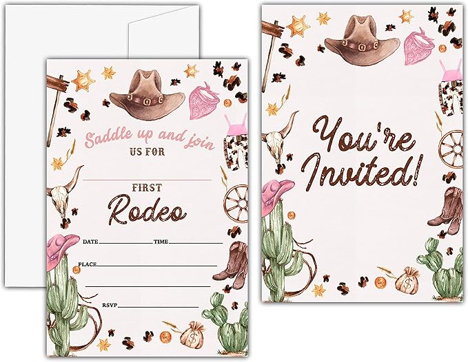 1st Country Western Birthday Invitations, Nashville Rodeo Birthday Party Invitation Card for Girls, Cowgirl Birthday Party Favors & Celebration Supplies(20 Set of Invitations with Envelopes)-B04