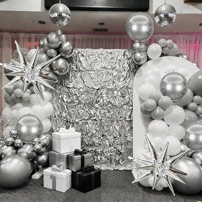 White Silver Balloons Garland Arch Kit, 113pcs White Grey Clear Balloons, Confetti Silver Explosion Star 4D Foil Balloons for Disco Winter Wonderland Holiday Christmas Birthday Ice Snow Party Decor
