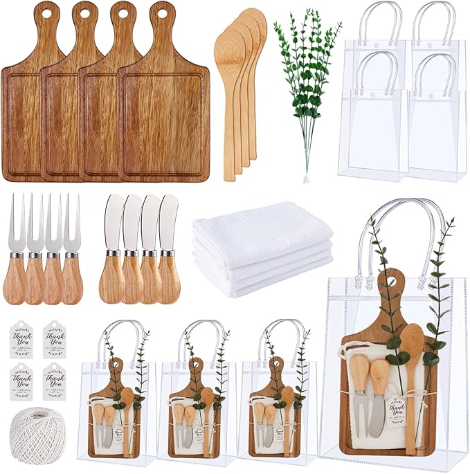 Baby Shower Prizes for Game Winners Bamboo Cheese Board Spoon Fork Butter Spreaders Plaid Towel Thank You Card and Gift Bags for Baby Shower Wedding Bridal Shower Favors (Acacia, 4 Sets)
