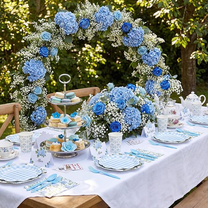 Shellwei 410 Pcs Blue Hydrangea Tea Party Decorations Elegant Floral Paper Plates and Napkins Set Disposable Party Tableware Sets with Cups Knives Forks Spoons Seat Card Favors for 50 Guests
