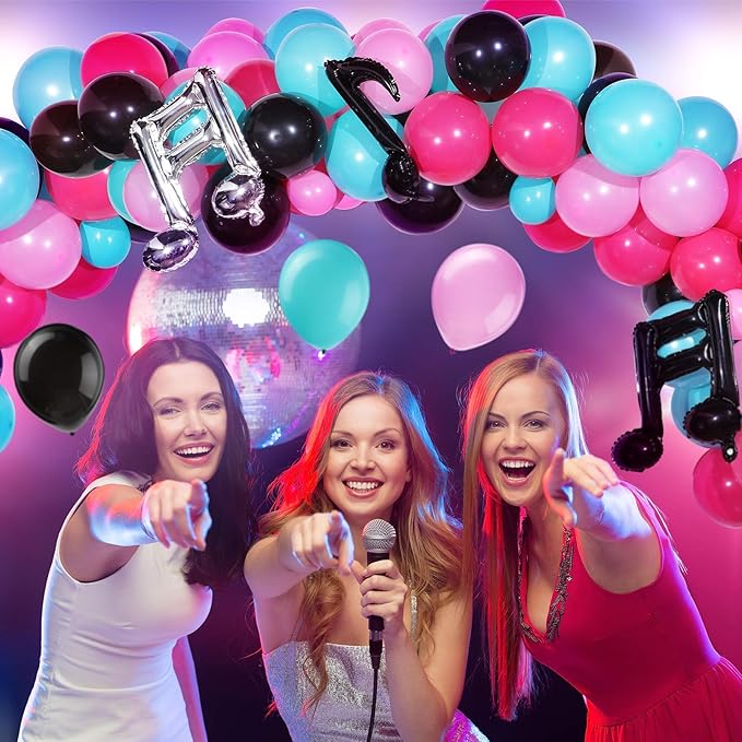 Sumind 144 Pieces Music Balloons Birthday Garland Kit Music Sign Foil 5 Inch 10 Inch Rose Red Black Blue Pink for Sock Hop Party, 1950s Party, K Pop Decorations, Birthday, Karaoke Supplies
