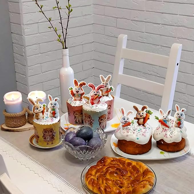 Ercadio 40 Pack Edible Easter Bunny Cupcake Toppers Rabbit Carrot Cupcake Drink Toppers for Easter Rabbit Theme Spring Birthday Baby Shower Party Decoration Supplies