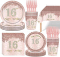 121Pcs 16th Birthday Party Supplies Plates Napkins Cups Forks Tablecloth Rose Gold Happy 16th Birthday Themed Disposable Tableware Decorations Serves 24 Guests for Girls 16 Years