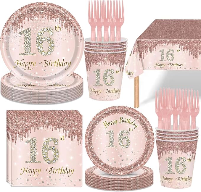 121Pcs 16th Birthday Party Supplies Plates Napkins Cups Forks Tablecloth Rose Gold Happy 16th Birthday Themed Disposable Tableware Decorations Serves 24 Guests for Girls 16 Years
