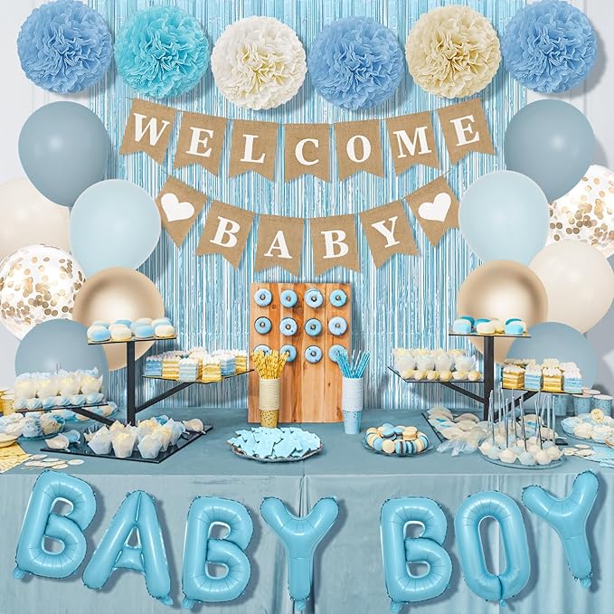Ouddy Party Dusty Blue Baby Shower Decorations for Boy with Welcome Baby Banner Baby Boy Blue Champagne Sand Foil Balloons Fringe Curtains Paper Pom Poms for Baby Shower Gender Reveal Party Supplies