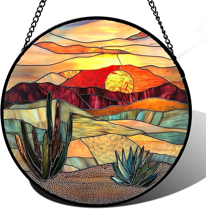 Stained Glass Window Hanging, Golden Landscape Dusk Sunset Suncatcher for Doors Window Home Cactus Sun Catchers Decoration Mother's Day Birthday Gifts for Women, Men, and Mom 9.8 in