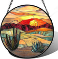 Stained Glass Window Hanging, Golden Landscape Dusk Sunset Suncatcher for Doors Window Home Cactus Sun Catchers Decoration Mother's Day Birthday Gifts for Women, Men, and Mom 9.8 in