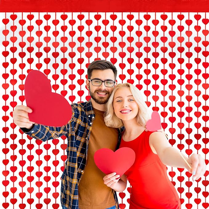 Valentines Day Decorations, 4 Pack Valentines Day Backdrop Garland, Red Heart Foil Fringe Tinsel Backdrop Streamer for Wedding Anniversary Birthday Valentines Party Decor