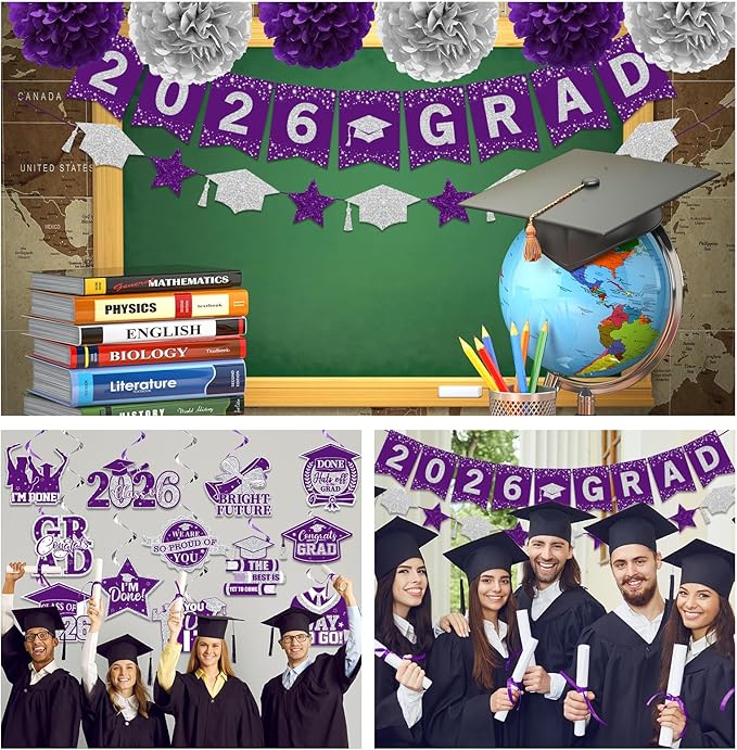 Purple Graduation Decorations 2026, 2026 Grad Banner and Congrats Grad Hanging Swirls, Purple and Silver Graduation Banner Graduations Hanging Swirls College Graduations Decorations Class of 2026