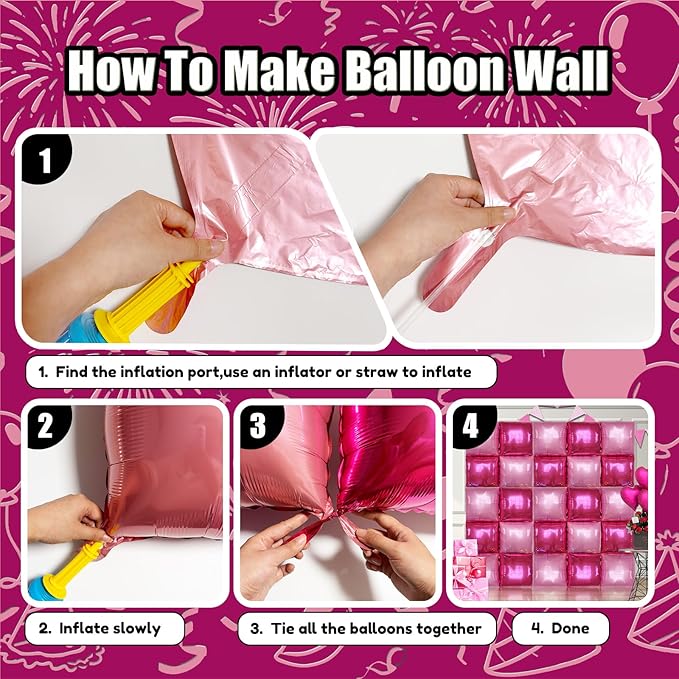 36PCS Square Foil Balloon Wall Backdrop,19 inch Double-Sided Metallic Balloons for Party,Wedding,Anniversary,Birthday,Graduation,Halloween,Shiny Balloon Decor (Pink&Magenta)