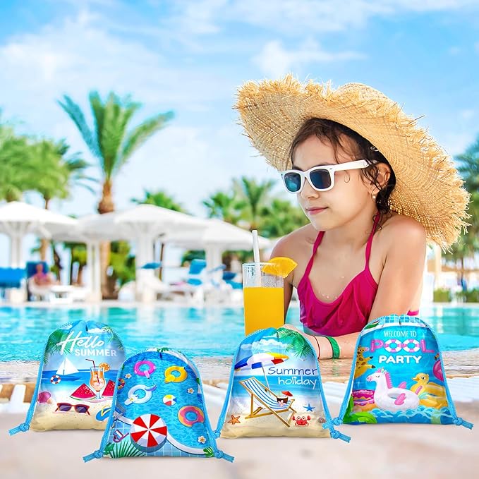 Capoda 24pcs Pool Party Favors Bags Summer Beach Drawstring Bags Hawaiian Backpacks Swimming Pool Decoration for Summer Birthday Beach Hawaiian Supplies