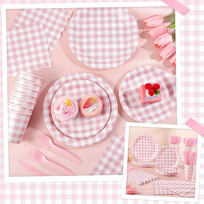 175 Pcs Gingham Paper Plates, Pink Gingham Party Supplies Include Pink Plates and Napkins Cups Disposable Checkered Dinnerware Set for Picnic, Baby Shower, Wedding