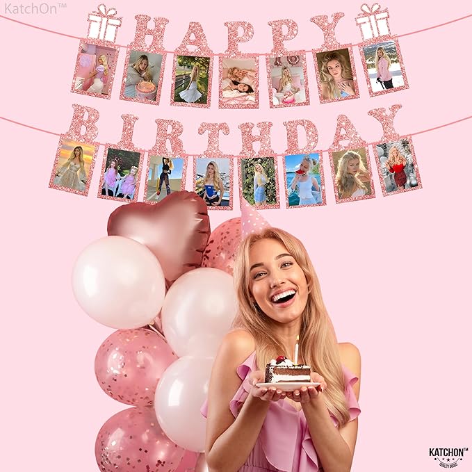 KatchOn, Glitter Rose Gold Happy Birthday Banner - Big 10 Feet, Pre Assembled | Happy Birthday Photo Banner for Sweet 16 Party Decorations | Rose Gold Birthday Banner for Happy Birthday Decorations