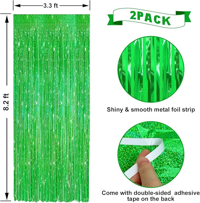 2 Pack Laser Dark Green Foil Fringe Curtains Streamers Party Decorations 3.3 x 8.2 ft, Tinsel Curtain Fringe Backdrop for Parties, Door Fringe Birthday Streamers, Photo Booth Backdrops, Party Decor