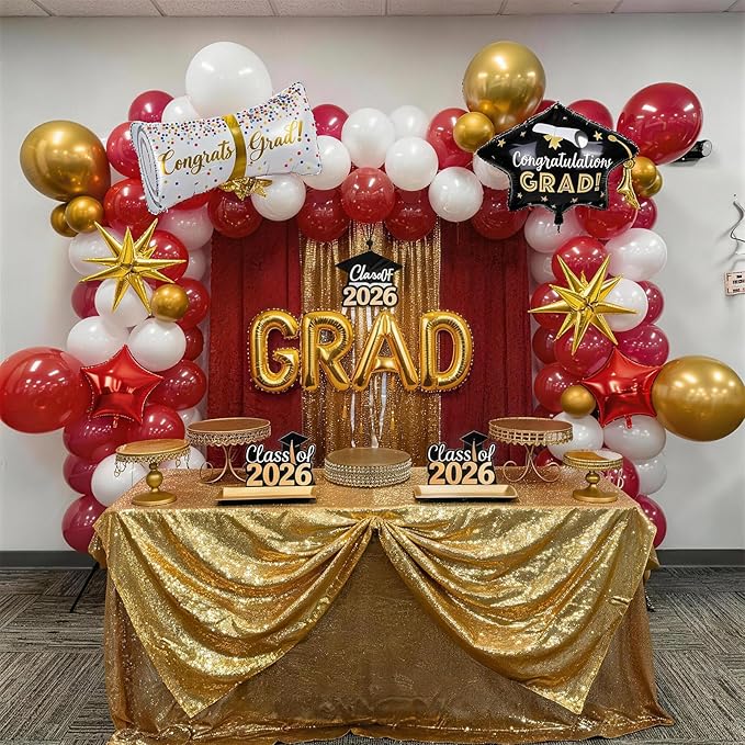 Red Graduation Balloons Garland Arch Kit, 115 PCS Red Gold White Graduation Star Print Cap Certificate Grad Foil Balloons with Gold Explosion Star Balloon for Graduate Class of 2026 Prom Party Decor
