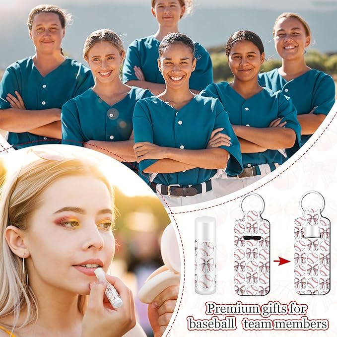 18 Sets Baseball Bow Party Favors Lip Balm and Holder Keychain Bulk Baseball Senior Night 2026 Party Supplies Sport Team Gifts Goodie Bags Stuffers for Sports Lovers Coach Players Accessories