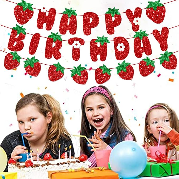 Strawberry Themed Birthday Banner Sign - Girl Birthday Party Decoration Supplies