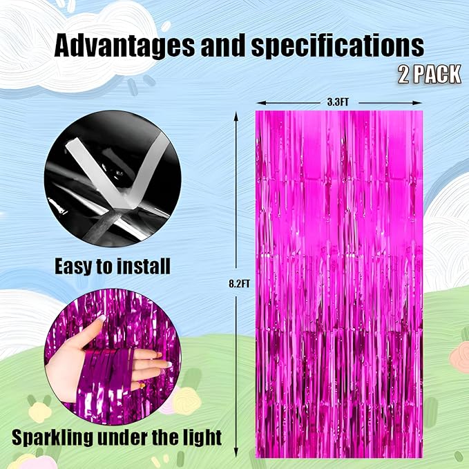 Valentines Day 2 Pack 3.3 * 8.3 ft Foil Curtain Metallic Tinsel Fringe Curtains Photo Booth Props Backdrop for Birthday Wedding Engagement Baby Shower Christmas Holiday Celebration Partyl,Hot Pink