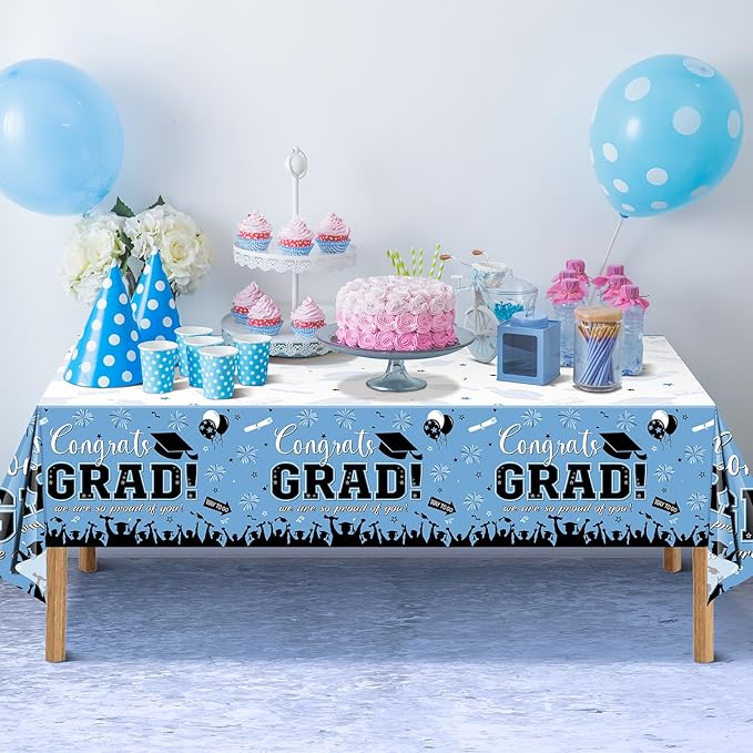 12Pack Graduation Tablecloth Party Decorations, Class 2026 Congrats Grad Plastic Tablecover Party Supplies, Light Blue Rectangle Graduation Table Decorations for College High School Party, 54x108 Inch