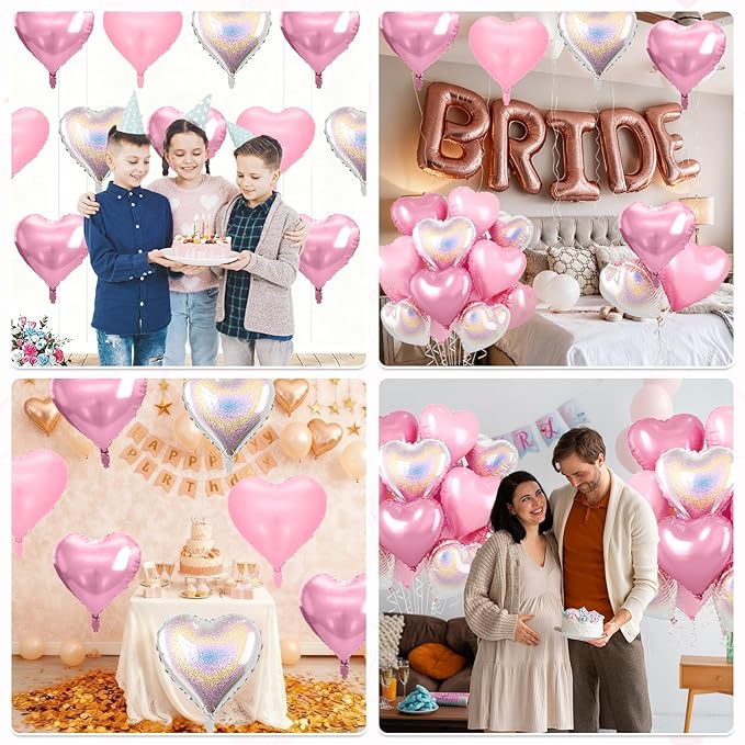 Pink and Silver Heart Balloons, 10 Pcs Pink Laser Silver Heart Shaped Balloon, 18 Inch Metallic Glitter Stars Foil Balloons for Girls Women Princess Brithday Baby Shower Valentines Party Decorations