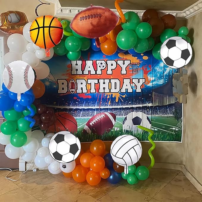 Sports Balloon Arch Garland Kit, 115Pcs Sports Party Baseball Soccer Basketball Football Helium Balloons Blue Green Orange Sport Latex Balloon for Boys Sport Themed Birthday Party Decorations Supplies
