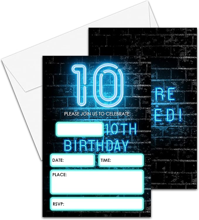 Neon Light 10th Birthday Invitations Cards, 4"x 6" Tenth Birthday Party Invites with Envelopes for Party Decorations Supplies(20 Pieces) -D24