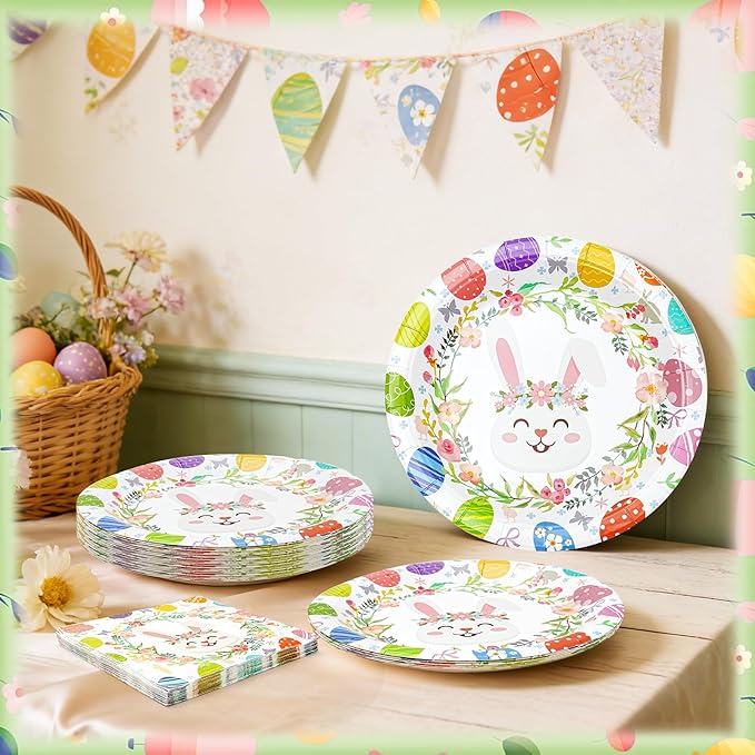 Easter Plates and Napkins Set for 20 Guests - 40 Pcs Disposable Easter Dinnerware, 9 Inch Colorful Egg & Bunny Floral Paper Plates 20pcs and Napkins 20pcs for Dinner, Spring Party Decorations