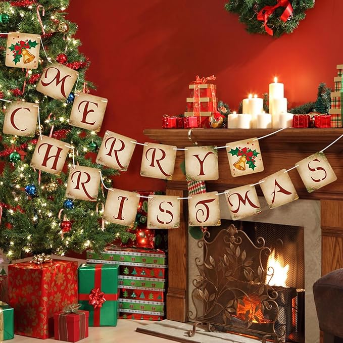 Vintage Merry Christmas Banner Decorations - Retro Nostalgic Traditional Old Fashioned Victorian Xmas Bunting Garland for Indoor/Outdoor Party Supplies, Home, Office, Classroom, Fireplace and More