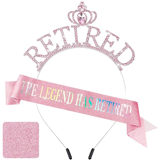 Retirement Gift for Woman - Pink Sash and Crown Headband Party Decorations - The Legend Has Retired - Elegant Cute Rhinestone Headband
