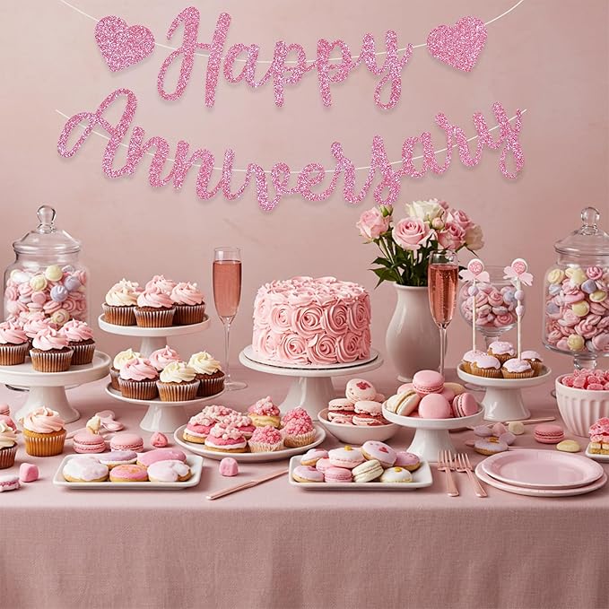 BEISHIDA Pink Happy Anniversary Banner, Pre-Strung - Glitter Happy Anniversary Banner,NO DIY - Glitter Garland Sign for Wedding Engagement Party Decorations & Decor