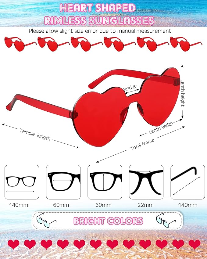 Frienda 8 Pairs Heart Shaped Sunglasses for Women Rimless Heart Glasses Candy Color Sunglasses for Party Favor