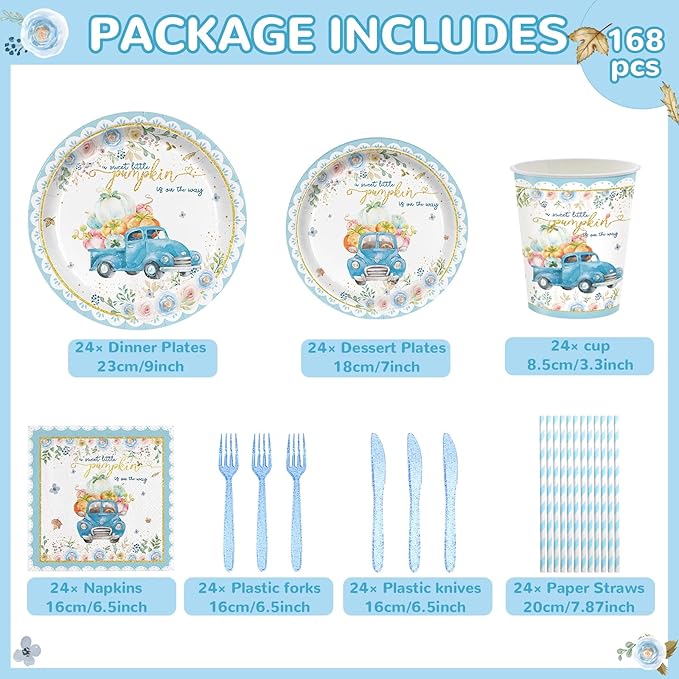 168PCS Blue Pumpkin Baby Shower Party Supllies for Boys Floral Birthday Party Decorations Thanksgiving Tableware Plates Cups Napkins Cups Forks Knives and Straws Dinnerware for 24 Guests