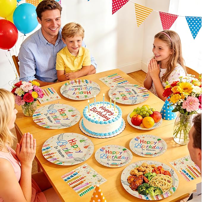 96 Pcs Happy Birthday in Heaven Party Supplies Colorful Happy Birthday Plates and Napkins Disposable Funeral Memorial Tableware Set for Sympathy Grave Cemetery Party Decorations Serves 24