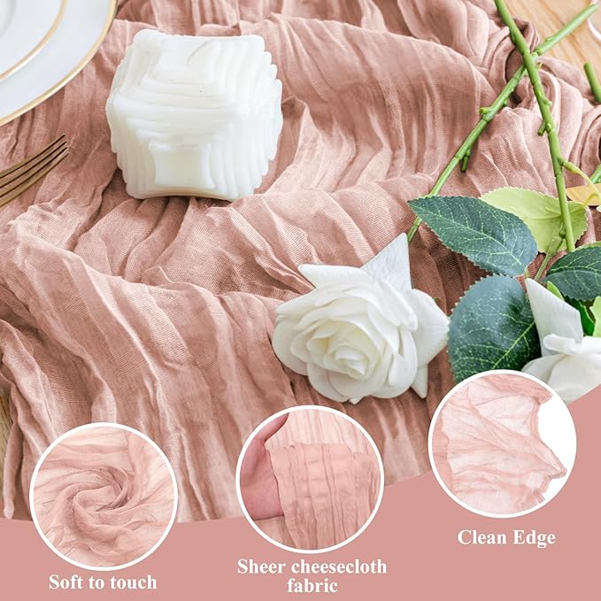 Wokceer Dusty Pink Cheesecloth Table Runner Spring 10FT Boho Gauze Easter Cheese Cloth Table Runner for Party 120 Inches Long Rustic Sheer Runners for Baby Bridal Shower Decor