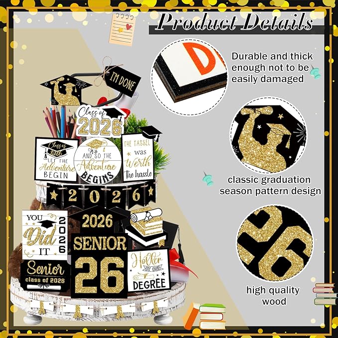 22 Pcs 2026 Graduation Tiered Tray Decor Sets Wooden Graduation Class of 2026 Table Decorations Senior 2026 Gown Diploma Farmhouse Signs for Home Shelf Party Office Desk(Black Gold)