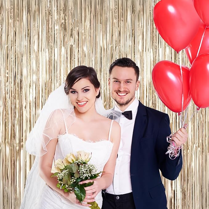 2 Pack Champagne Gold Foil Fringe Curtains, 3.3ft x 6.6ft Streamer Foil Curtain, Tinsel Backdrop for Birthday Party, Christmas Decor, Wedding Engagement Baby Shower Bachelorette Party Decorations