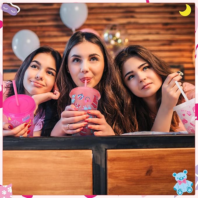 12 Pcs Sleepover Party Cups with Lids and Straws, 24 oz Glitter Iced Coffee Tumbler Sleepover Party Supplies for Girls