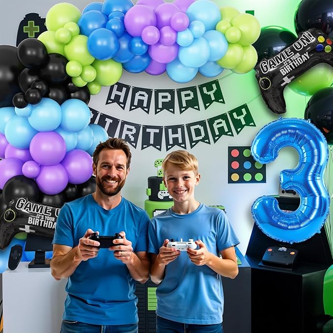 3th Birthday Video Game Balloons Arch, 3th Game Party Balloons Garland Kit 3th Game Birthday Supplies with Blue Number 3 Balloon for 3 Year Old Teens Boys Birthday Decor