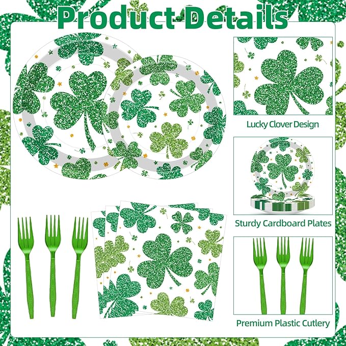 100 Pcs St. Patrick’s Day Shamrock Tableware Party Supplies Set, Serves 25 – Disposable Green Clover Paper Plates, Napkins, and Forks for Irish Celebration, Lucky Party, or Spring Festival Decorations