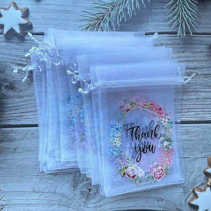 LXKBD 100PCS Organza Gift Bags for Jewelry Easter Party Wedding Favor, 4x6 Inch Thank You White Sheer Drawstring Mesh Pouch Candy Bag