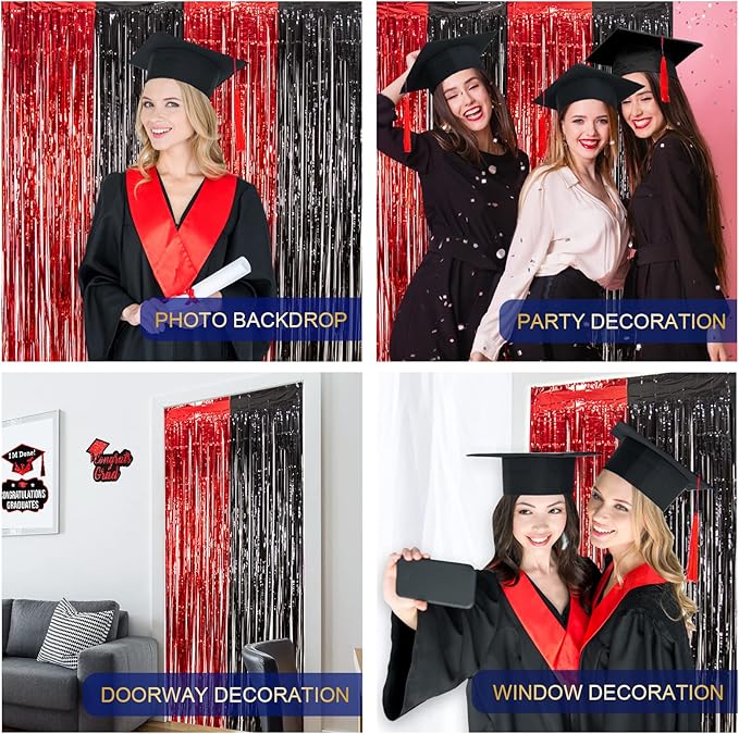 LOLStar Graduation Party Decoration, 4 Pack Red and Black 3.3x6.6 ft Foil Fringe Curtains, Tinsel Backdrop, Graduation Photo Booth Prop Streamer Backdrop for Class of 2026, Prom and Grad Party Decor