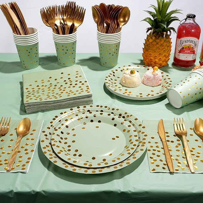 350pcs Sage Green Paper Plates and Napkins Set, Disposable Sage Green and Gold Polka Dot Party Plates Cups For Baby Shower Birthday Wedding Party Supplies and Decorations, Serve 50