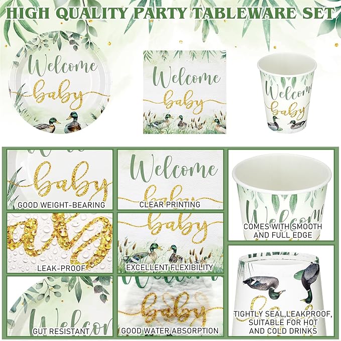 Hushee 200 Pcs Mallard Duck Baby Shower Paper Plates Napkins Cups Baby Shower Party Supplies Tableware Set Disposable Cup Napkin for 50 Guest Party Decoration